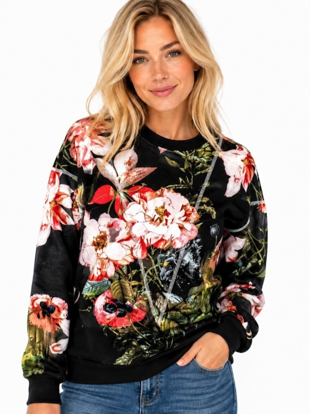 Mia Mod Black Floral Print LS Pullover Sweatshirt